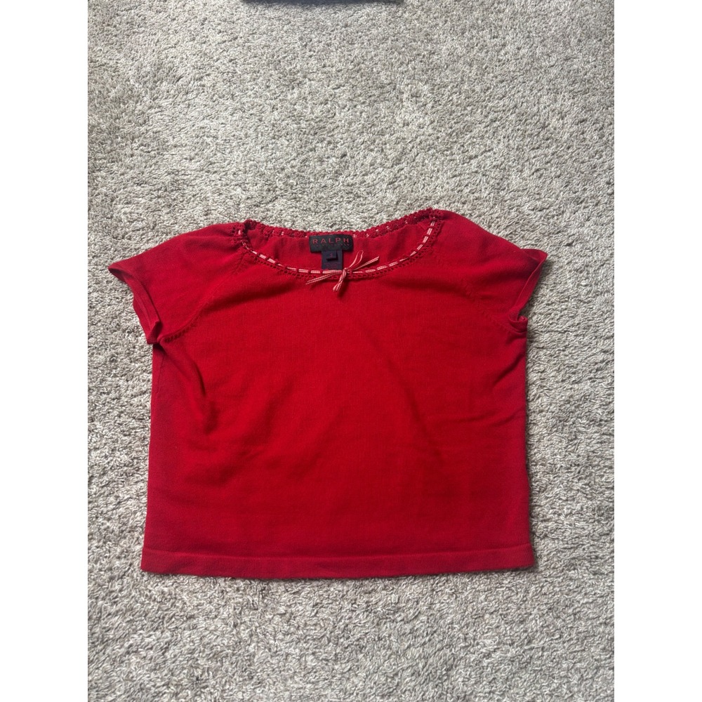 Ralph Lauren Red Cotton Knit Short Sleeve Top Gingham Bow Accent Mens S